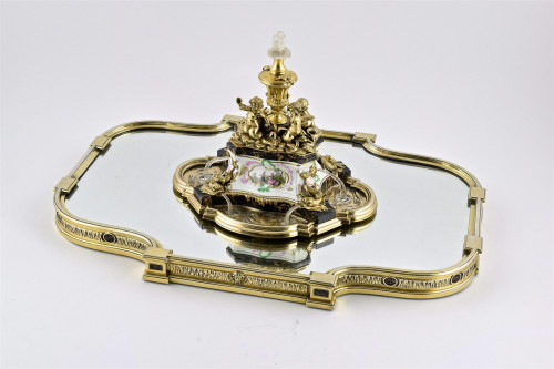 A superb antique silver-gilt, porcelain, glass and marble centrepiece on mirror plateau