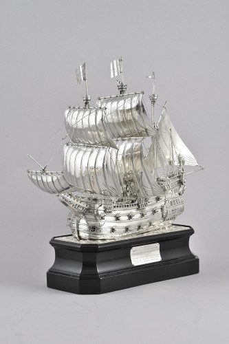 A George V Presentation Silver Model of a Galleon on a wooden plinth