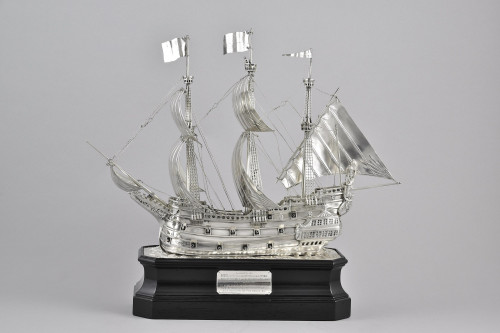 A George V Presentation Silver Model of a Galleon on a wooden plinth