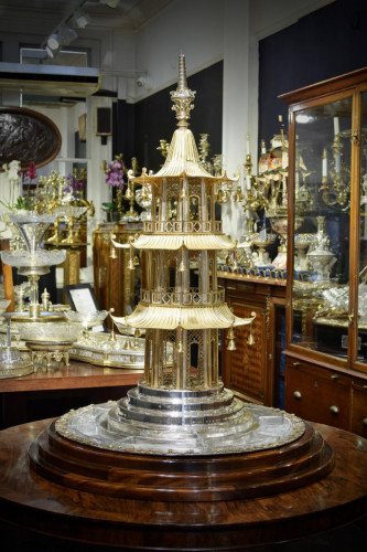A monumental silver silver-gilt and engraved glass pagoda centrepiece Asprey, London 1989