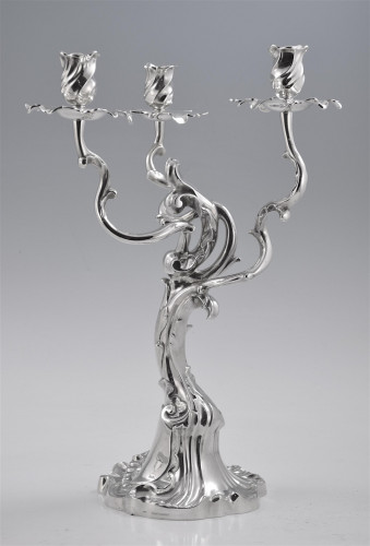 An unusual pair of antique asymmetrical design silver candelabra. Circa 1890
