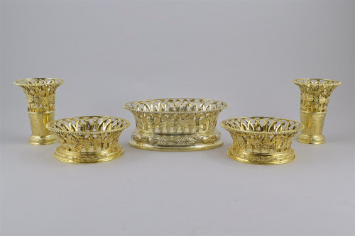 A Suite of five grape-vine pattern dishes and vases
