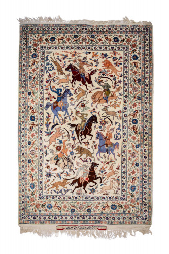 EXQUISITE PART SILK HUNTING SCENE ISFAHAN RUG BY SADIQ SEIRAFIAN, PERSIA