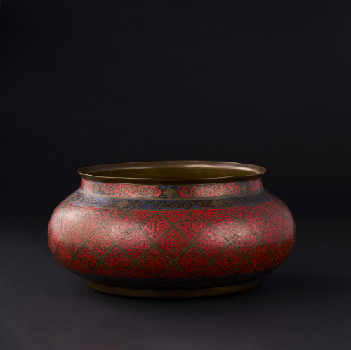 A RARE SAFAVID ENAMELLED BRASS BOWL, PERSIA, 16TH - 17TH CENTURY