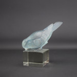 Rene Lalique blue stained Moineau paperweight on socle