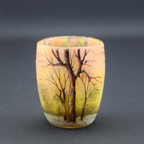 Daum enamelled miniature cameo glass winter landscape vase