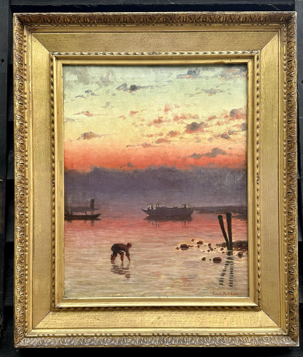 Antique oil of a Fisherman tending his nets at Sunset