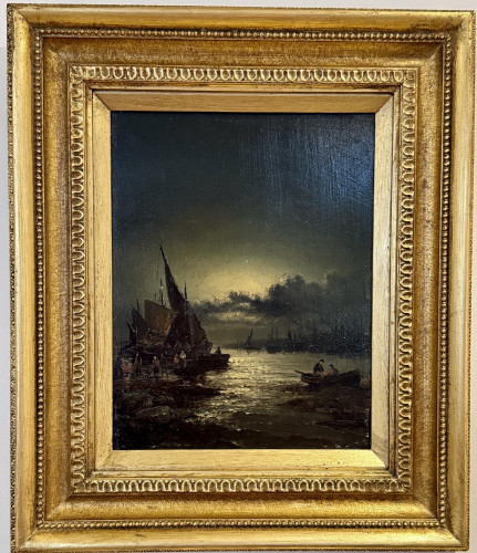 19th century English fishing boats moored by the coastline at Night with Moonlight