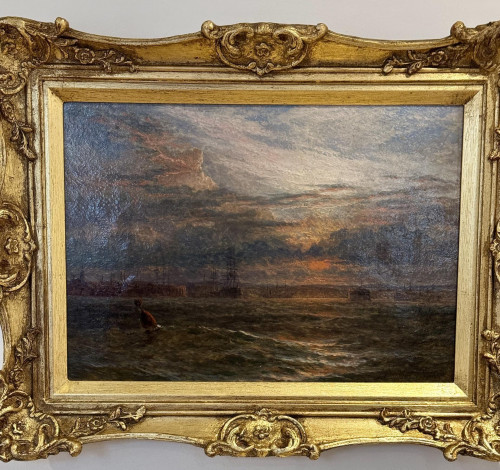 19th century English marine scene, Warships leaving port at Sunset