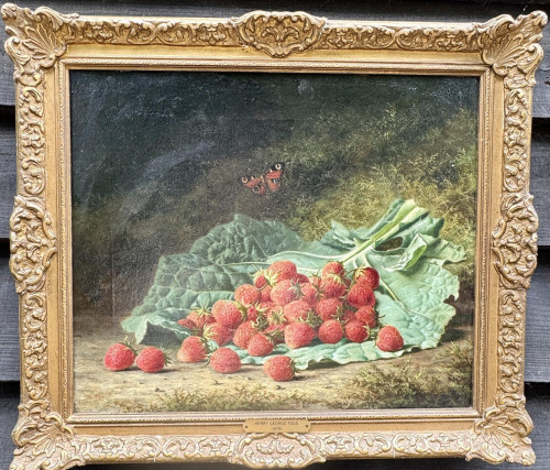19th century Still life of Strawberries and a butterfly