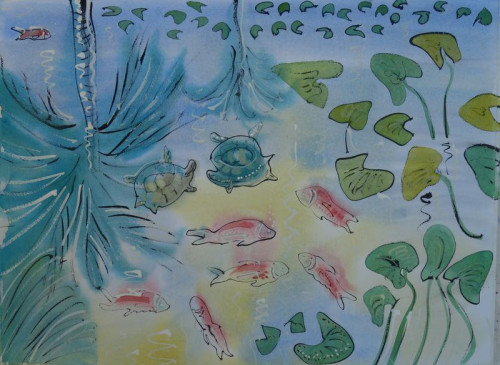 Turtle, goldfish and reflected palm