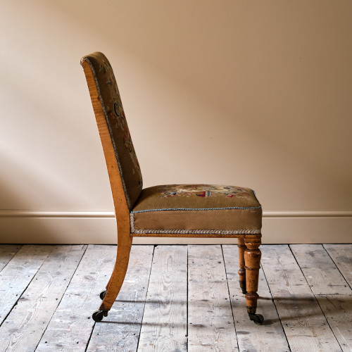 19th century birds eye maple side chair in tapestry fabric