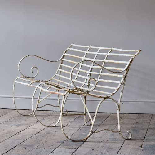 Antique Wrought Iron Strap Work Garden Bench