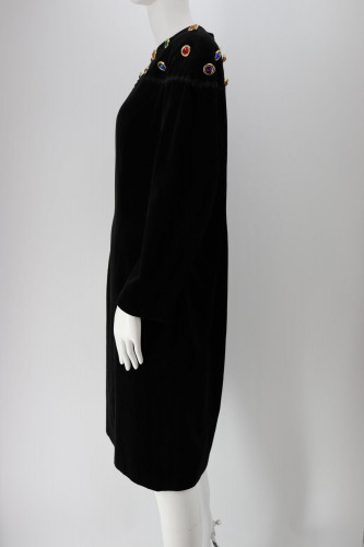 Louis Feraud Black Velvet 80's Dress with Multicolor Crystals