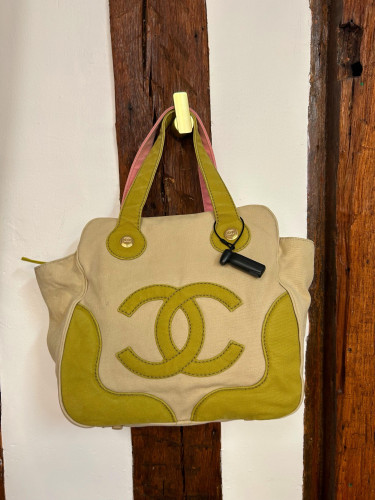 Chanel Fabric Bag with Green and Pink Straps