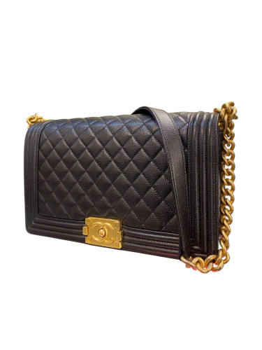 2017 Chanel Handbag, Black Quilted Grained Leather with Golden Chain