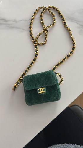 Chanel nano shoulder bag in green velvet with golden double C