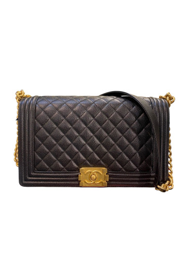 2017 Chanel Handbag, Black Quilted Grained Leather with Golden Chain