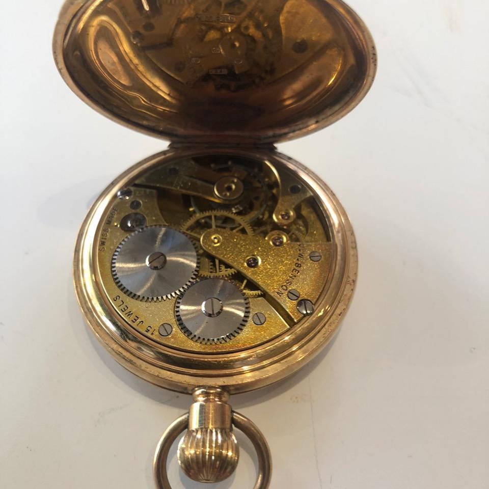 J W BENSON 9CT GOLD HALF HUNTER POCKET WATCH, 1920