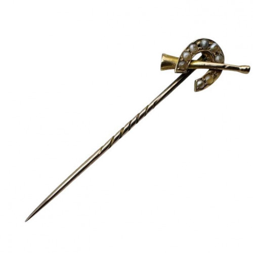 Gent's stick pin with horseshoe and hunting horn