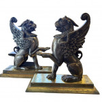 Pair of steel and brass fireside griffins