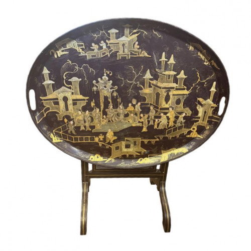 Oval gilt painted tole ware tray table