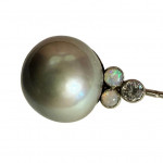 Large Tahitian grey pearl, opal and diamond stick pin