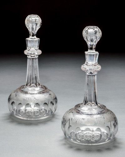 A PAIR OF ENGRAVED VICTORIAN SHAFT & GLOBE DECANTERS