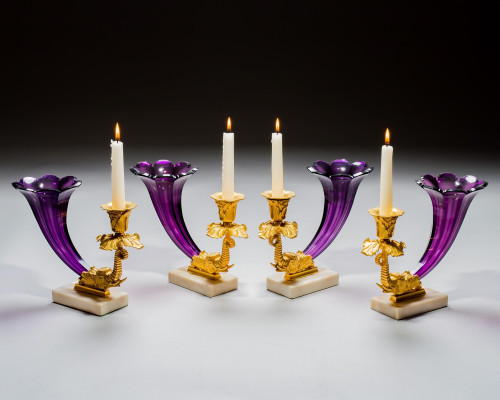 A FINE SET OF FOUR EARLY VICTORIAN AMETHYST CORNUCOPIA CANDLESTICKS