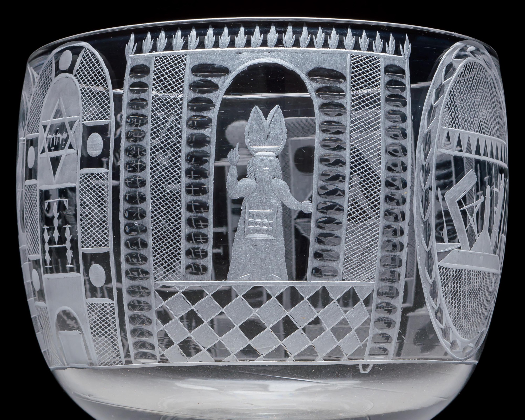 AN ENGRAVED GLASS SERVICE OF MASONIC INTEREST ALONG WITH A COLLECTION OF CORRESPONDING MASONIC REGALIA