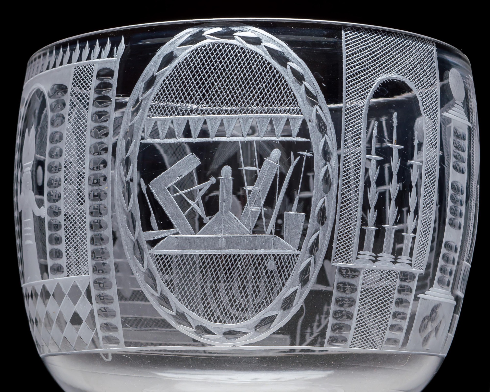 AN ENGRAVED GLASS SERVICE OF MASONIC INTEREST ALONG WITH A COLLECTION OF CORRESPONDING MASONIC REGALIA
