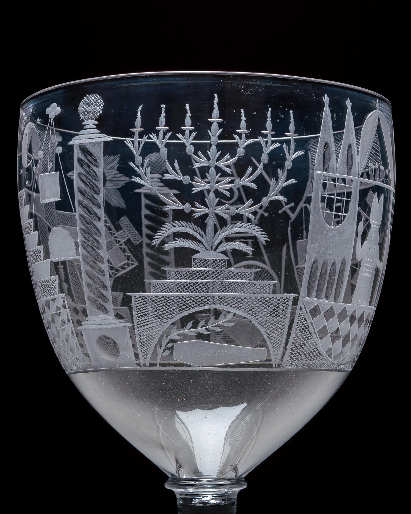 AN ENGRAVED GLASS SERVICE OF MASONIC INTEREST ALONG WITH A COLLECTION OF CORRESPONDING MASONIC REGALIA