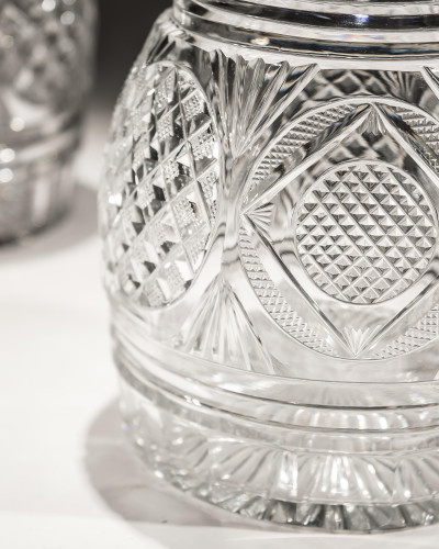 AN EXQUISITE PAIR OF REGENCY CUT GLASS DECANTERS WITH MATCHING TUMBLERS