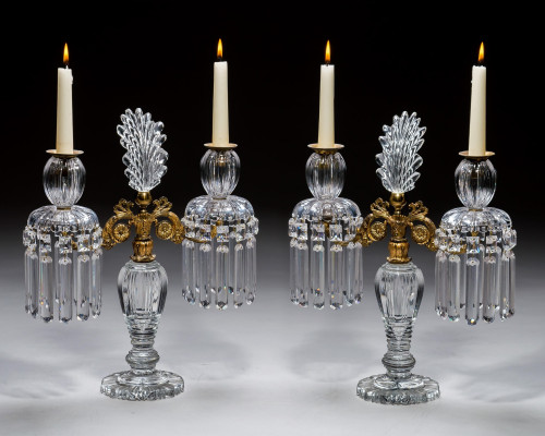 AN EXQUISITE PAIR OF REGENCY CUT GLASS & GILT-BRONZE CANDELABRA