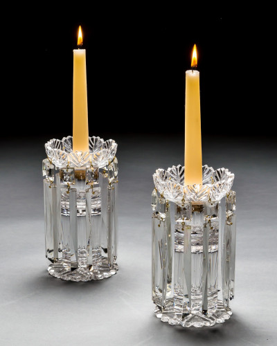 A PAIR OF FEATHER CUT VICTORIAN LUSTRES