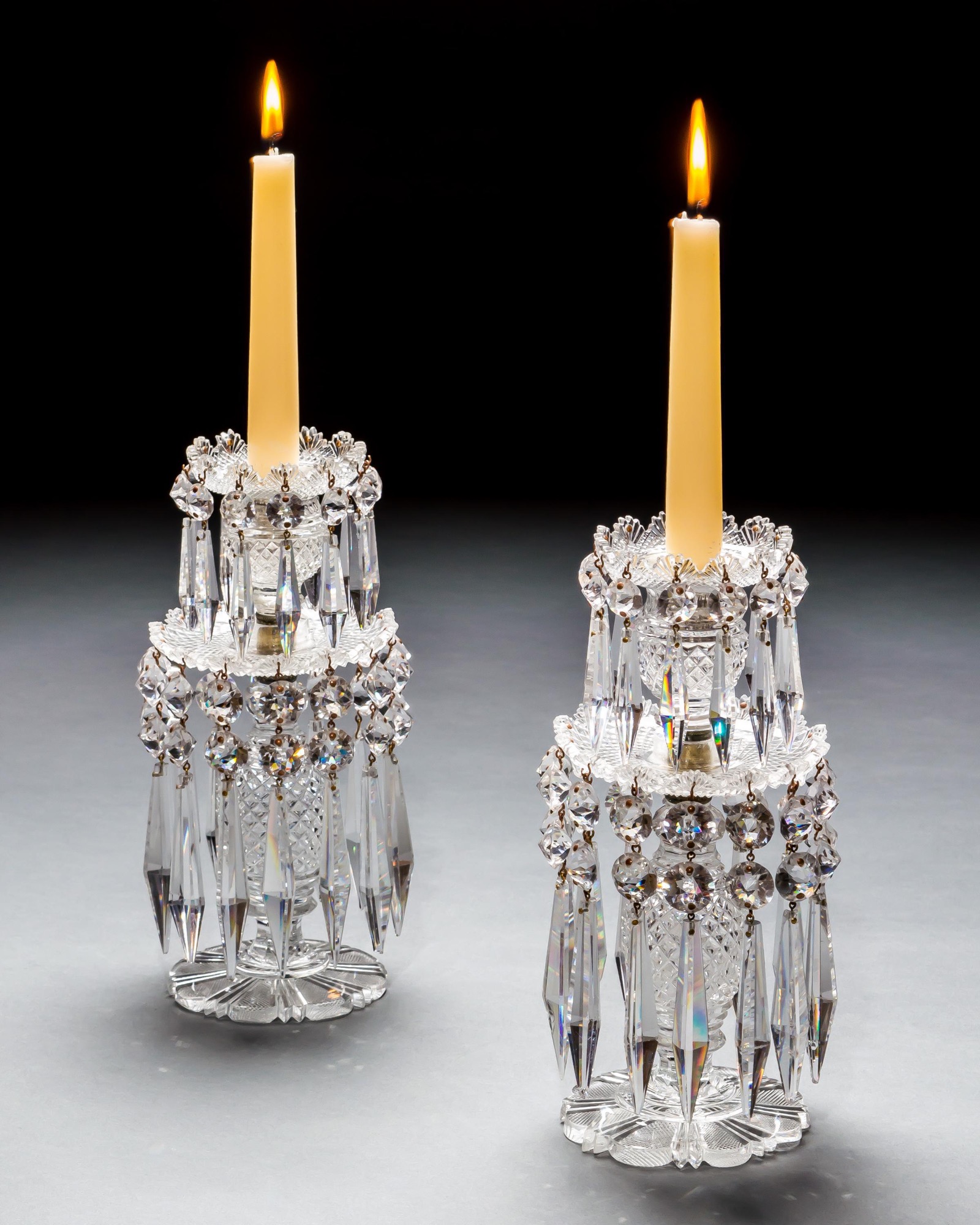 A PAIR OF REGENCY DOUBLE TIER LUSTRES