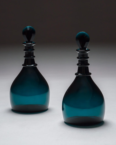 A PAIR OF TRIPLE RING GREEN DECANTERS