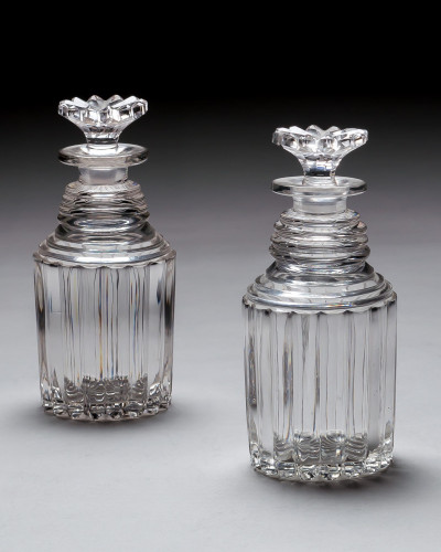 A PAIR OF WILLIAM IV SPIRIT DECANTERS WITH UNUSUAL STOPPERS