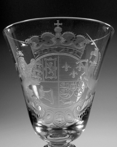 A NEWCASTLE LIGHT BALUSTER FINELY ENGRAVED WITH DUTCH ROYAL COAT OF ARMS ATTRIBUTED J SANG