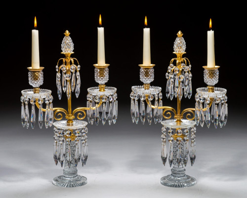 AN ELEGANT PAIR OF ORMOLU & GLASS REGENCY CANDELABRA