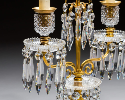 AN ELEGANT PAIR OF ORMOLU & GLASS REGENCY CANDELABRA