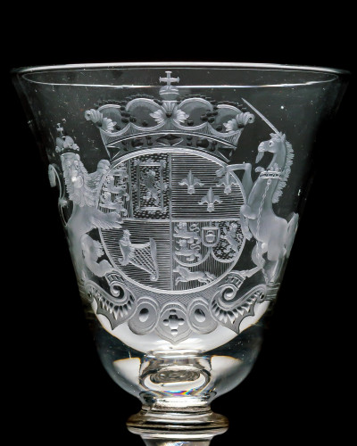 A NEWCASTLE LIGHT BALUSTER FINELY ENGRAVED WITH DUTCH ROYAL COAT OF ARMS ATTRIBUTED J SANG