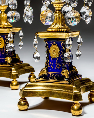 AN EXQUISITE PAIR OF ORMOLU & BLUE BASE PARKER CANDLESTICKS