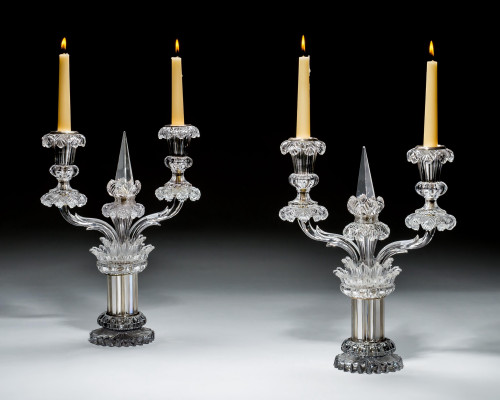 AN UNUSUAL PAIR OF CUT CRYSTAL CANDELABRA BY PERRY & CO