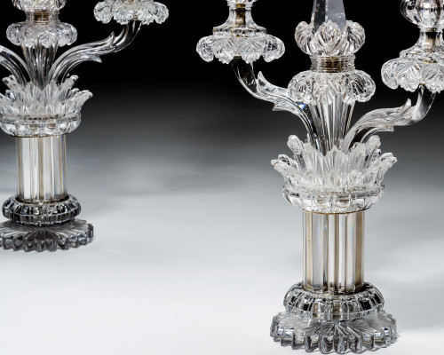AN UNUSUAL PAIR OF CUT CRYSTAL CANDELABRA BY PERRY & CO