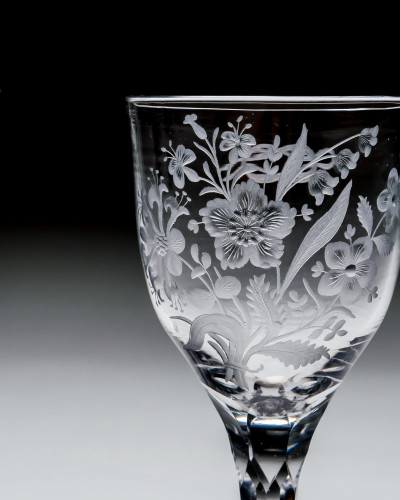 A CHARMING PAIR OF ENGRAVED FACET STEM MARRIAGE GOBLETS