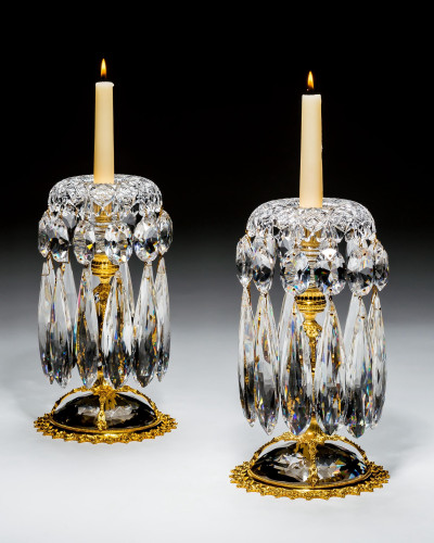 A SUPERB QUALITY PAIR OF ORMOLU MOUNTED CUT GLASS CANDLESTICKS BY JAMES GREEN & NEPHEW