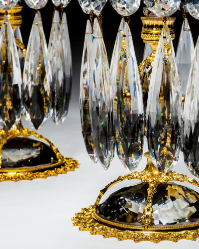 A SUPERB QUALITY PAIR OF ORMOLU MOUNTED CUT GLASS CANDLESTICKS BY JAMES GREEN & NEPHEW