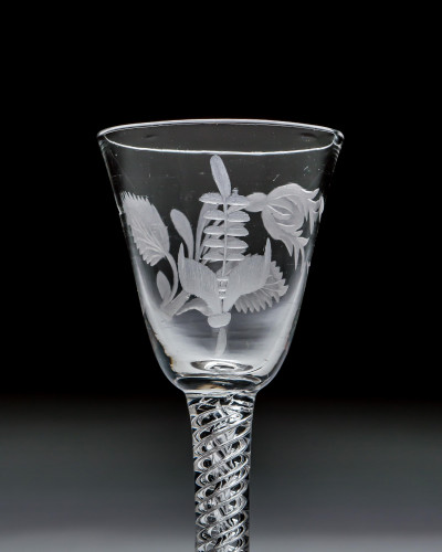 A JACOBITE ENGRAVED AIR TWIST WINE GLASS