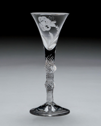 A TWO PIECE DOUBLE KNOPPED AIR TWIST WITH FINELY ENGRAVED TRUMPET BOWL